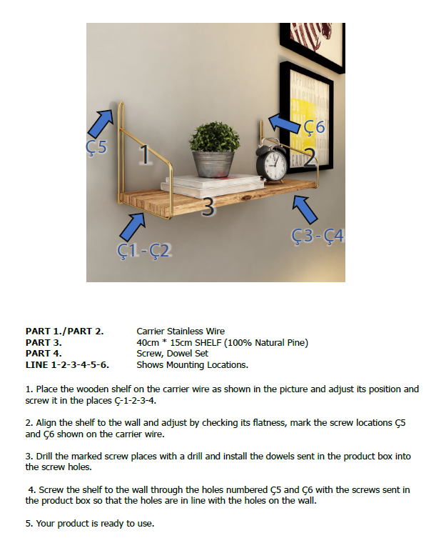 Modern Mounted Wall Shelf. Floating Shelf. (Pack of 2) (40 cm) (Gold Metal & Solid Wood).