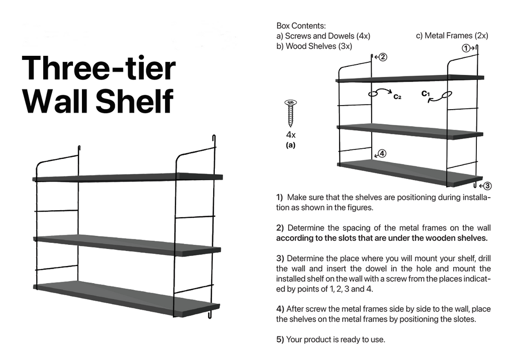 3 Tier Mounted Wall Floating Shelves.Decorative Shelf.(Black Metal & Solid Wood)