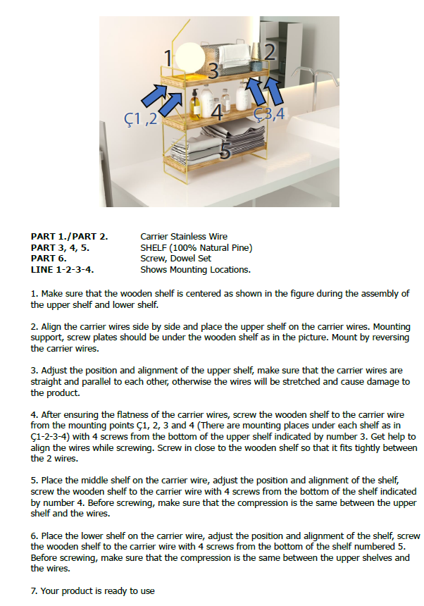 3 Tier Rectangle Table Stand. Stylish Serving Shelves. (Gold Metal & Solid Wood)