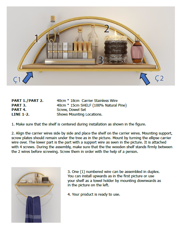 Decorative Mounted Wall Shelf. Ellipse Shape Unit Rack. (Pack of 2) (Gold Metal & Solid Wood)