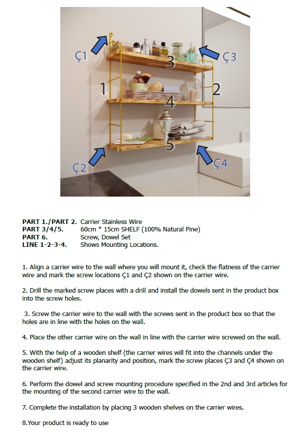 3 Tier Mounted Wall Floating Shelves. Decorative Shelf.(Gold Metal & Solid Wood)