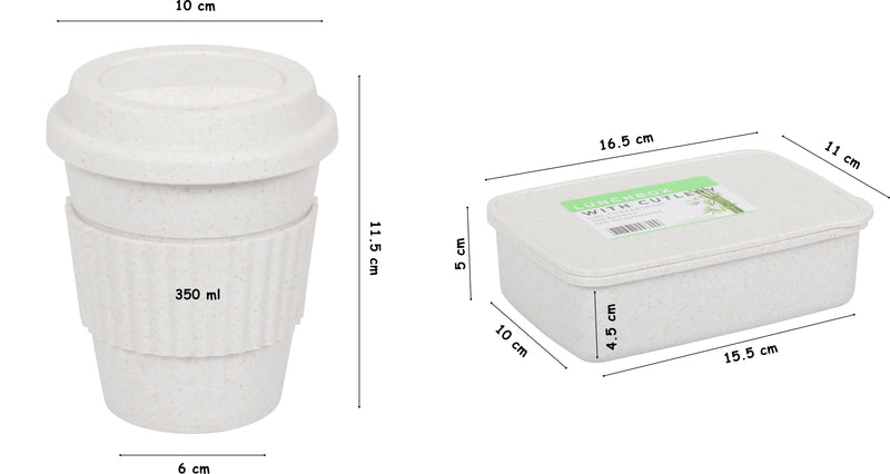 Lunch Box with Cutlery. Coffee Hot Drink Cup. Reusable Lunch Box Set. (White)