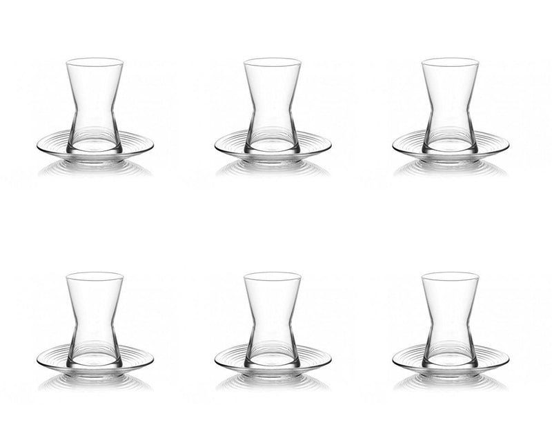 Turkish Tea Glasses & Saucers. Contemporary Glass Teacup and Saucer Set. 12 Pieces (6 Glasses & 6 Saucers)