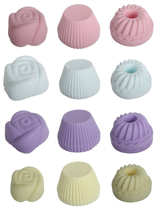 Silicone Reusable Muffin Cupcake Mould Cases. 18 Pcs. Rose, Pumpkin, Round Style.