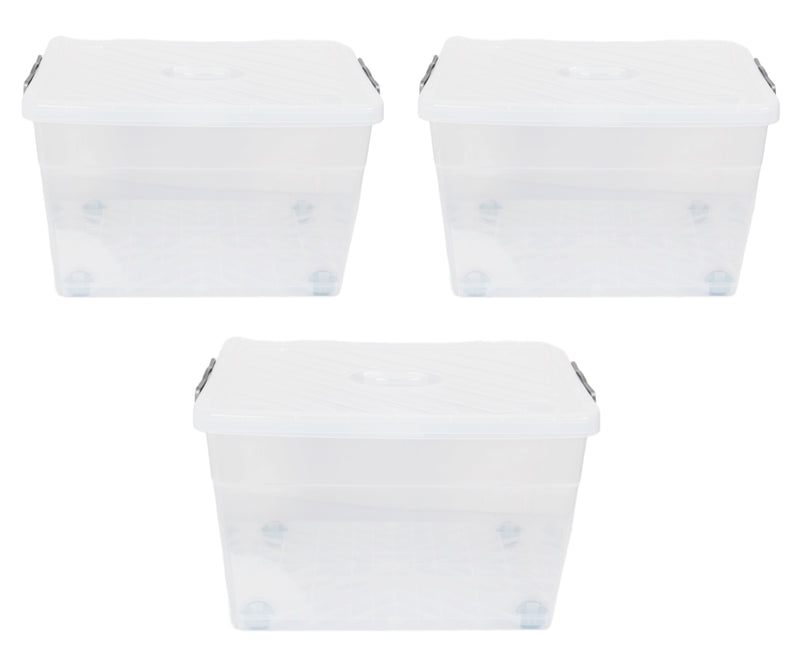 Large 55L Plastic Storage Box. Clear Storage Box with Wheels and Lid. Nestable Box.
