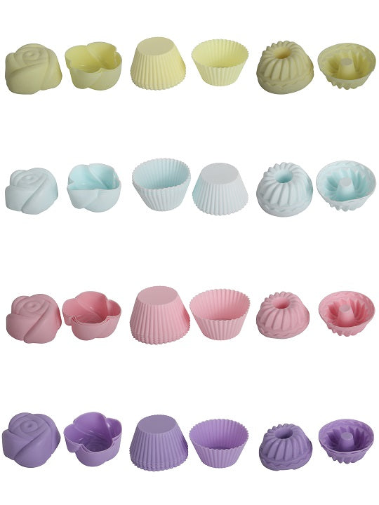 Silicone Reusable Muffin Cupcake Mould Cases. 18 Pcs. Rose, Pumpkin, Round Style.