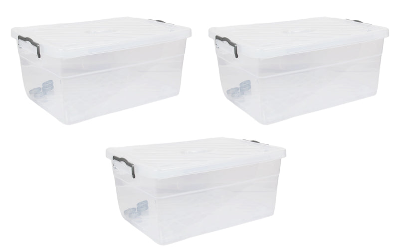 Wheeled Storage Box with Lid. (40L) Plastic Stackable Organizing Box. (Clear)