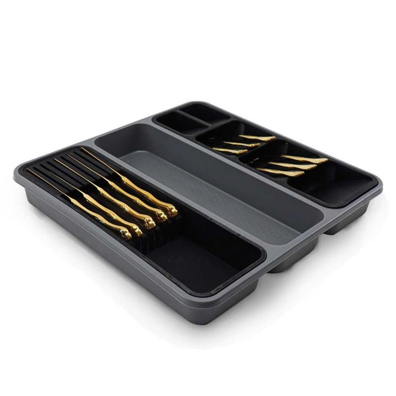 Large Cutlery Tray. 6 Compartments Kitchen Drawer Organiser. (Black & Grey)