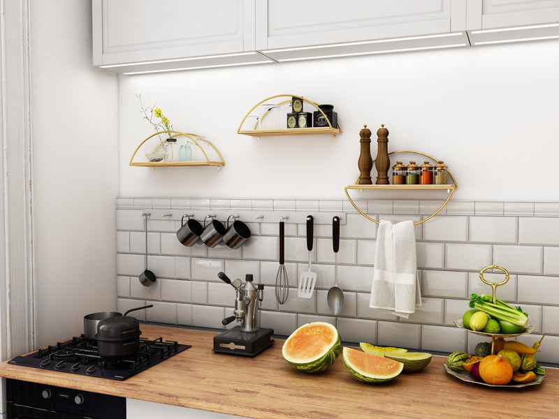 Decorative Mounted Wall Shelf. Ellipse Shape Unit Rack. (Single) (Gold Metal & Solid Wood)