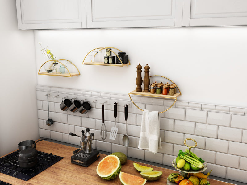 Decorative Mounted Wall Shelf. Ellipse Shape Unit Rack. (Pack of 3) (Gold Metal & Solid Wood)