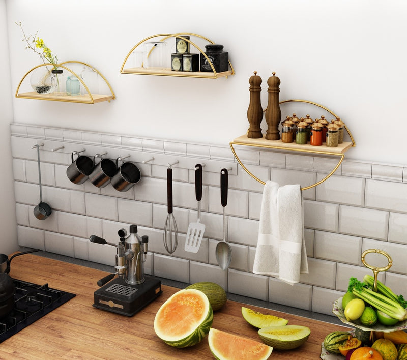 Decorative Mounted Wall Shelf. Ellipse Shape Unit Rack. (Pack of 3) (Gold Metal & Solid Wood)