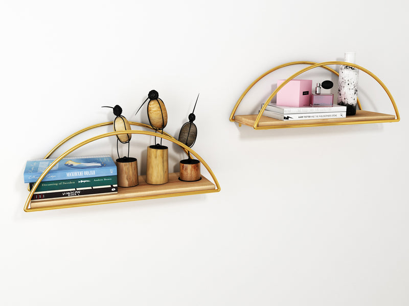Decorative Mounted Wall Shelf. Ellipse Shape Unit Rack. (Pack of 2) (Gold Metal & Solid Wood)