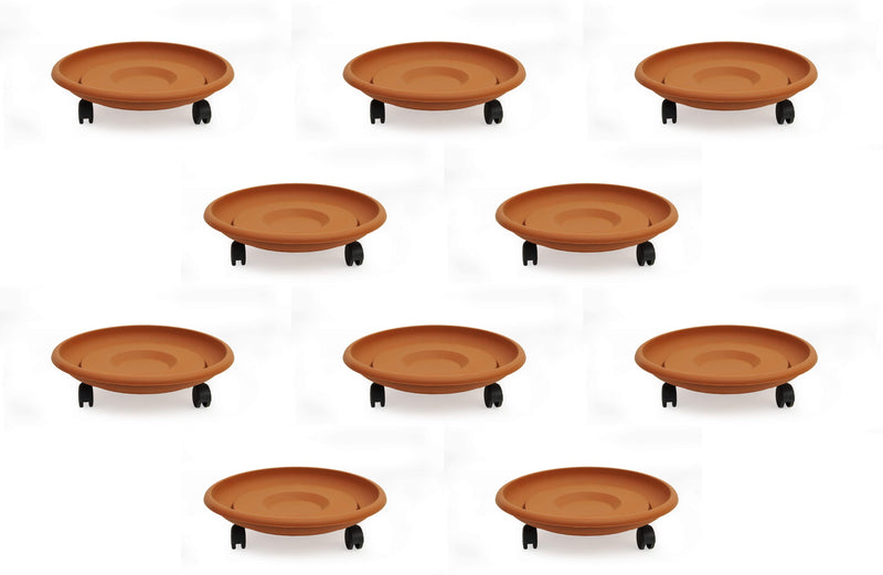 Movable Planters with Wheels. Round Caddy Plant Mover Stand Tray Saucer. (Terra Cotta)