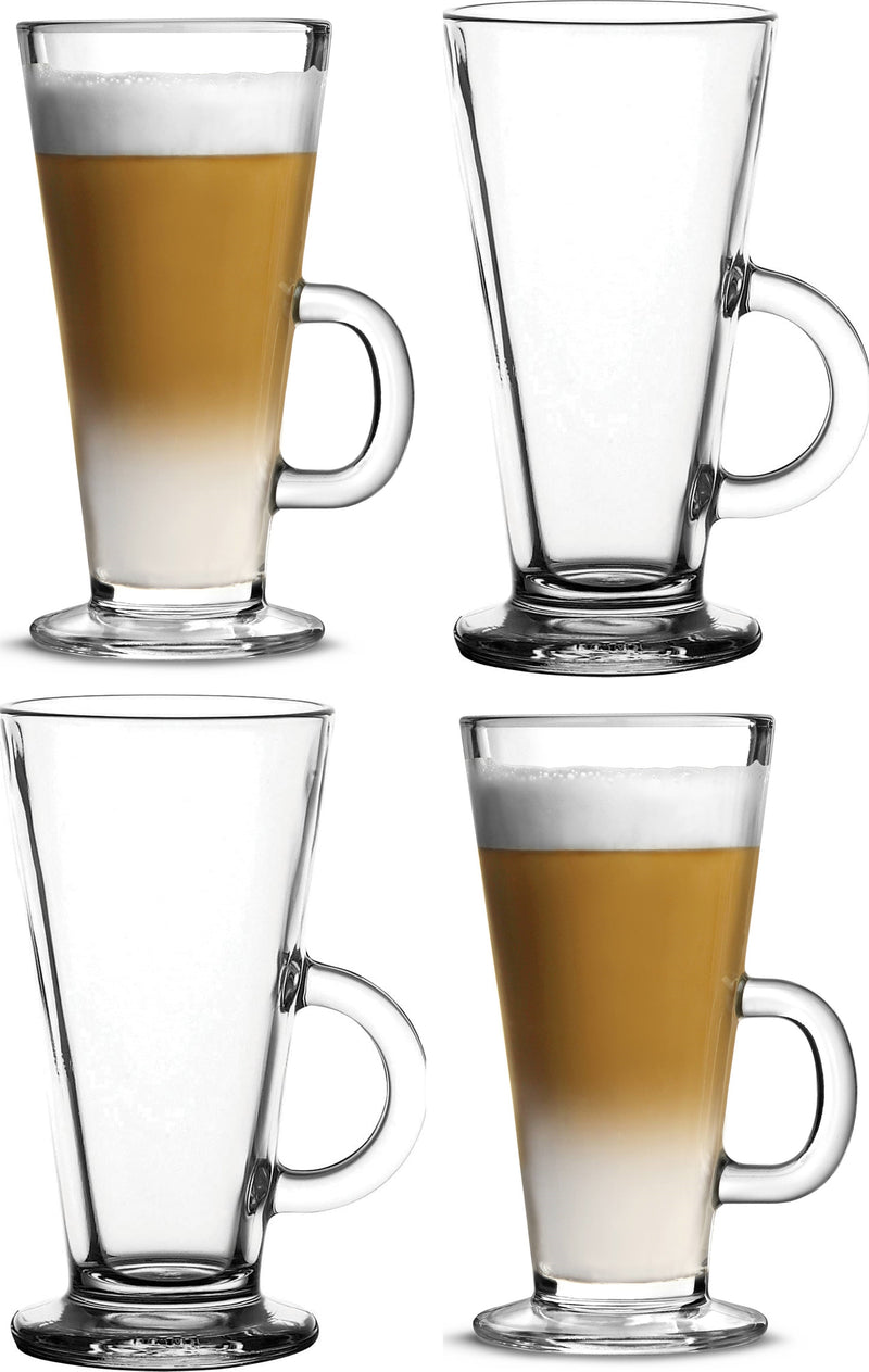 Latte Glasses. Tea Coffee Cups with Handle. Glass Mug. (Pack of 4) (263 ml)