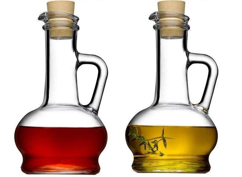Oil & Vinegar Dispenser Set. Glass Bottle with Handle & Lid. (Set