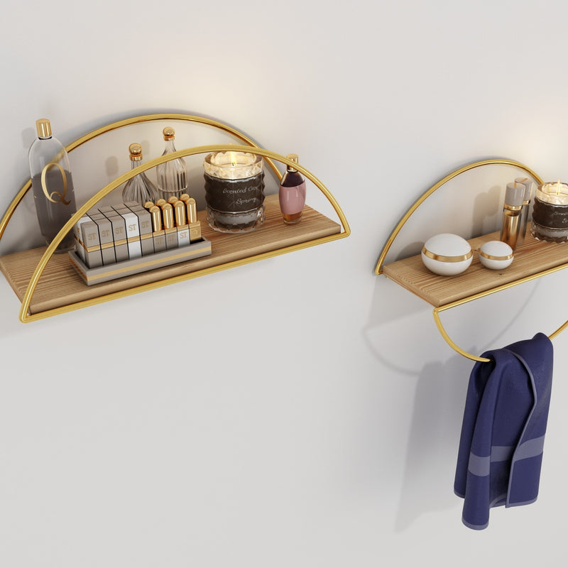 Decorative Mounted Wall Shelf. Ellipse Shape Unit Rack. (Pack of 2) (Gold Metal & Solid Wood)