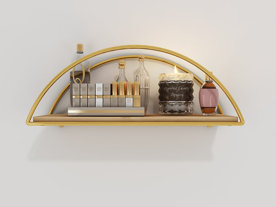 Decorative Mounted Wall Shelf. Ellipse Shape Unit Rack. (Pack of 2) (Gold Metal & Solid Wood)