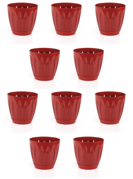 Red Plastic Round Plant Pots with Saucer. Indoor / Outdoor Flowerpot.