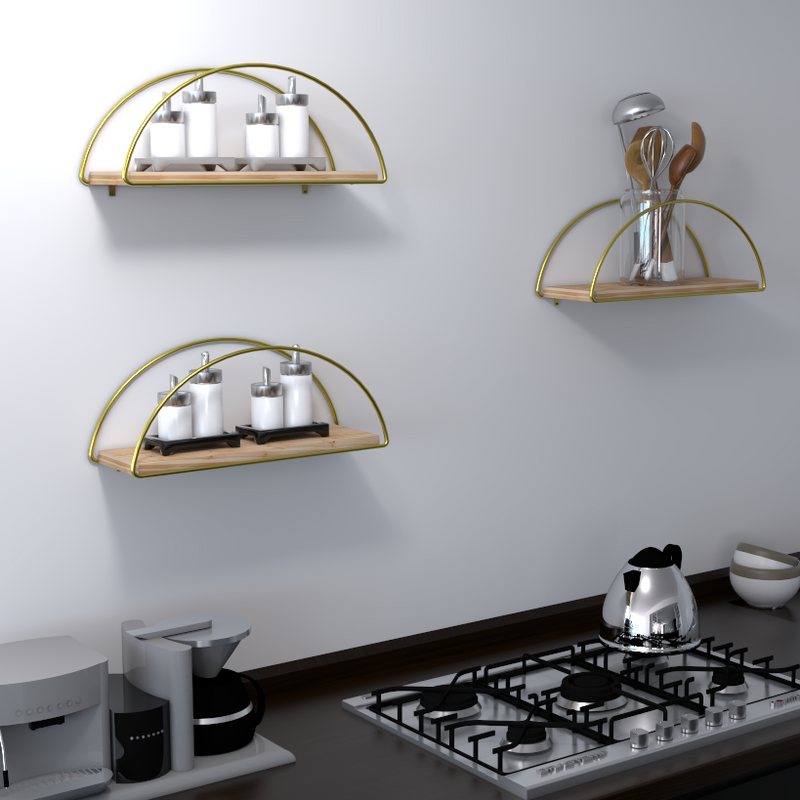 Decorative Mounted Wall Shelf. Ellipse Shape Unit Rack. (Pack of 3) (Gold Metal & Solid Wood)