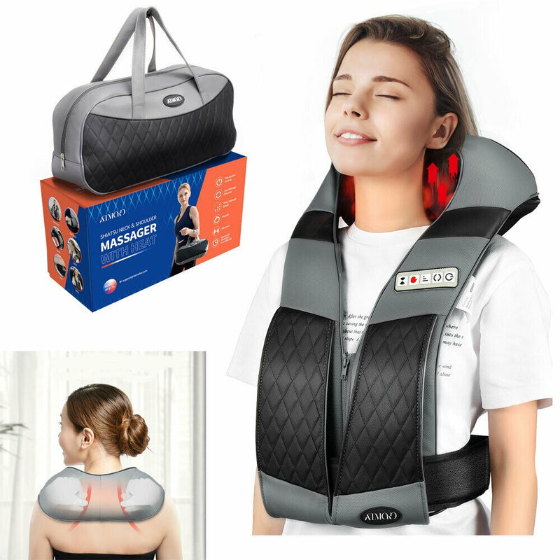 Back Shoulder & Neck Massager with Heat. Deep Tissue Kneading Pillow Massage. Carry Bag.