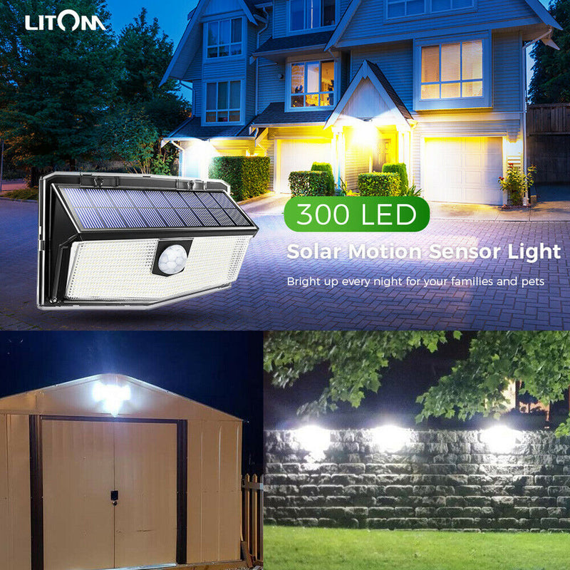 4x 300 LED Solar Power. Wall Light Motion Sensor. Outdoor Garden Lamps.