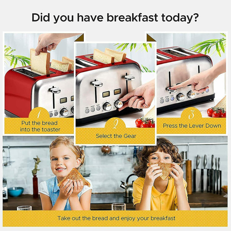 Toaster 4 Slice. Stainless Steel Toasters with LCD Digital Timer, Wide Slot.