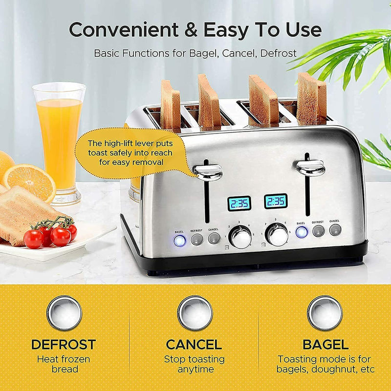 Toaster 4 Slice. Stainless Steel Toasters with LCD Digital Timer, Wide Slot.