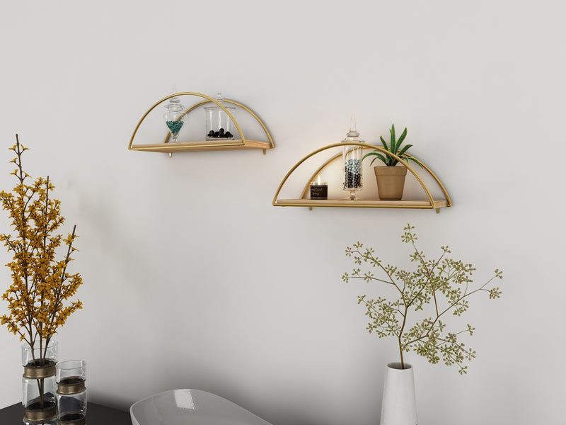 Decorative Mounted Wall Shelf. Ellipse Shape Unit Rack. (Pack of 2) (Gold Metal & Solid Wood)
