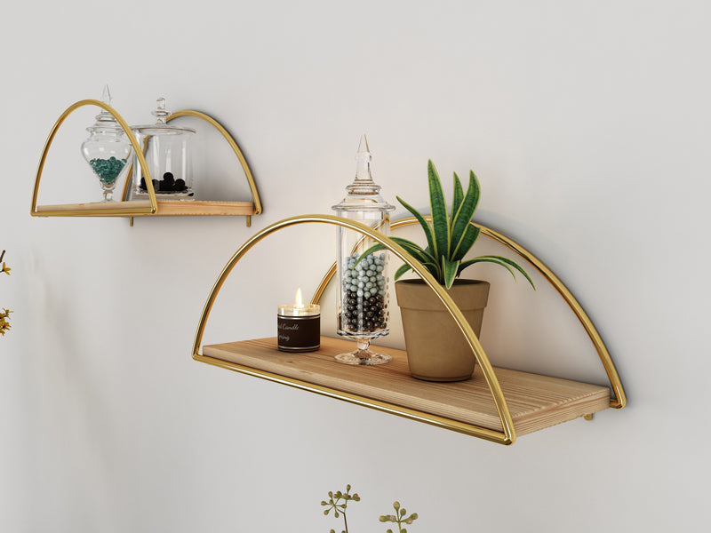 Decorative Mounted Wall Shelf. Ellipse Shape Unit Rack. (Pack of 2) (Gold Metal & Solid Wood)
