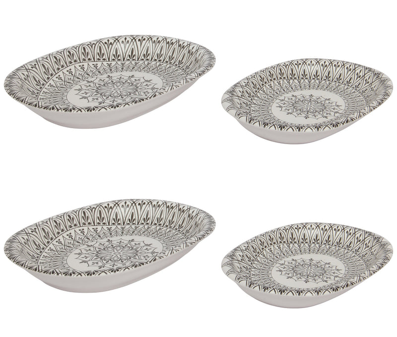 2 Different Sizes Stoneware Serving Platter. Salad Appetizer Dishes. Decorative Ethnic Theme. (Set of 4)