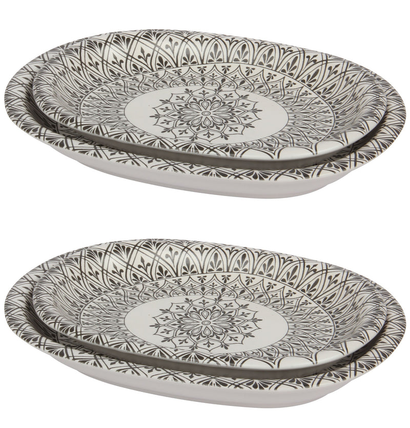 2 Different Sizes Stoneware Serving Platter. Salad Appetizer Dishes. Decorative Ethnic Theme. (Set of 4)