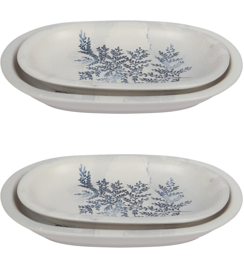 2 Different Sizes Stoneware Serving Platter. Salad Appetizer Dishes. Decorative Blue Flower Pattern. (Set of 4)