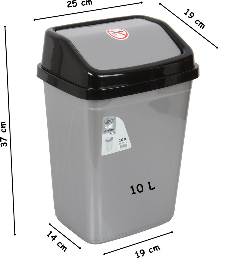 10 Liter Swing Bin Lidded Dustbin. Plastic Rubbish Waste Bin. (Silver)