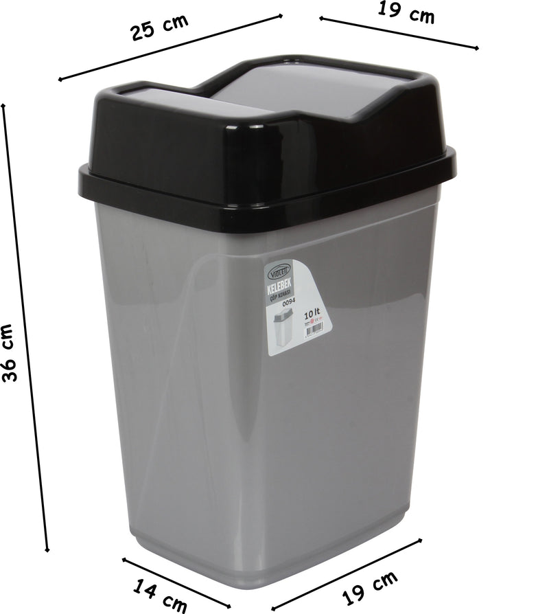 10 Litre Butterfly Swing Bin. Lidded Dustbin. Plastic Rubbish Waste Bin.(Silver)