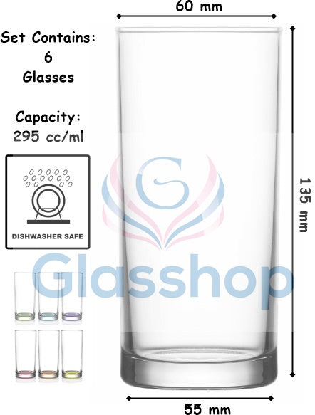 Coloured Tall Highball Drinking Glass Set. Cocktail Glasses.(Pack of 6) (295 ml)