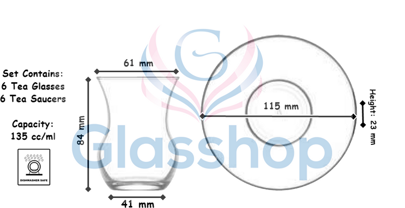 Turkish Tea Glasses & Saucer Set. Oriental Arabic Tea House. Cay Bardagi Set. (6 Glasses & 6 Saucers)