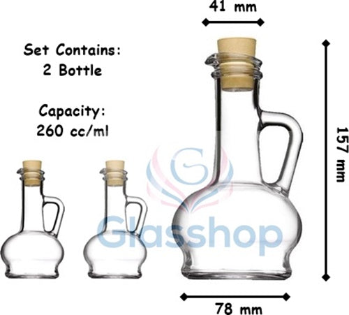 Oil & Vinegar Dispenser Set. Glass Bottle with Handle & Lid. (Set of 2) (260 cc)