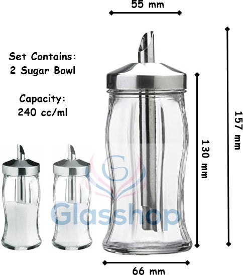 2x Glass Sugar Shaker. Sugar Dispenser Pourer. Sugar Jar. Stainless Steel Top.