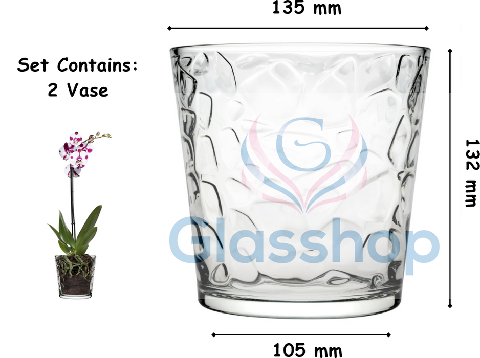 2x Glass Orchid Flower Pot. Ice Mosaic Design Round Vase. Decorative Pot.