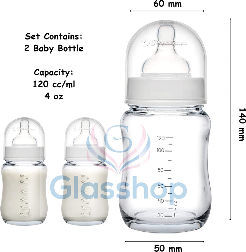 2x Glass Baby Bottle. Medium Flow with Anti-Colic Valve. 6 Months+ (120 ml/4oz)