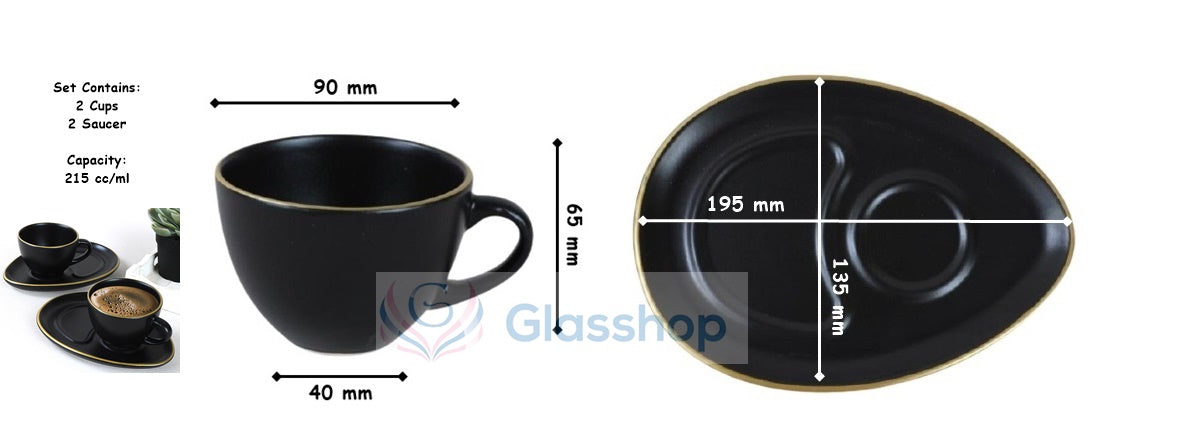 Coffee Cup & Snack Plate Set. Stoneware Matte Cups & Saucer. (Black) (Set of 2)