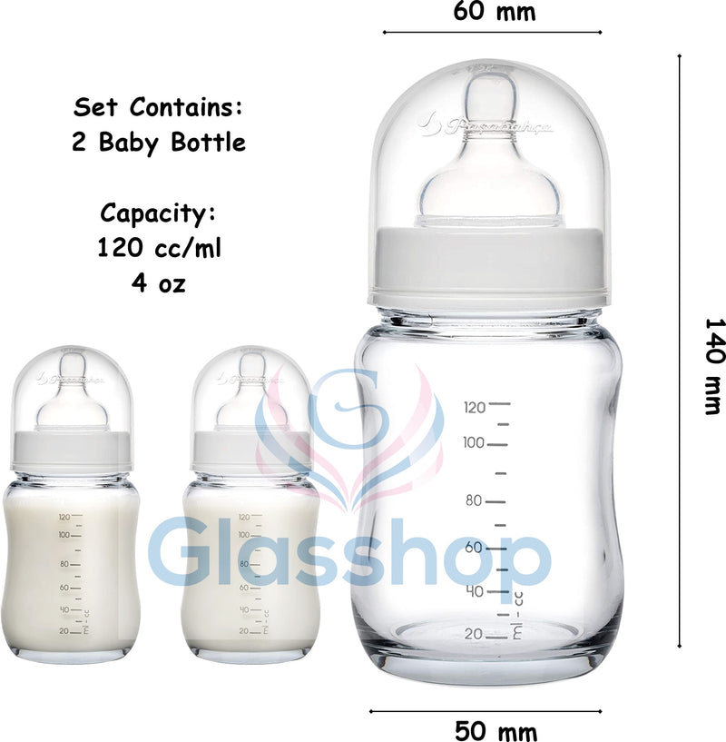 2x Glass Baby Bottle. Breast-Like Teat with Anti-Colic Valve. 0 Months+ (120 ml/4oz)