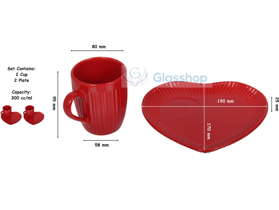 Coffee Cup & Snack Plate Set. Lined Cups. Heart Shaped Plate. Stoneware. (Red)