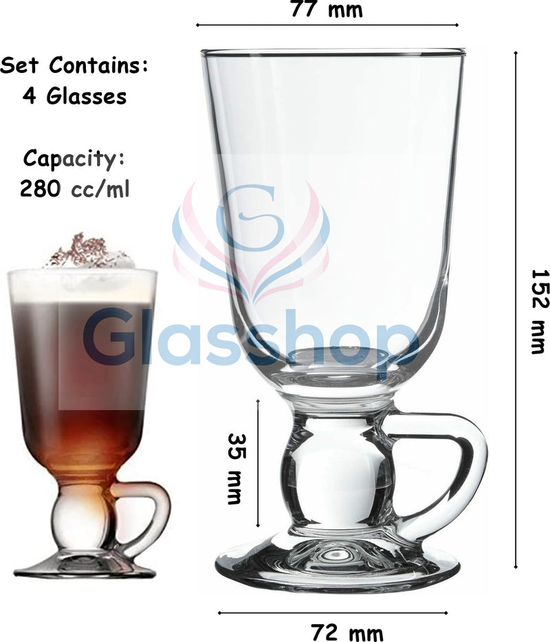 Irish Coffee Glass Mug. Tea Coffee Glasses with Handle. (Set of 4) (280 cc/ml)