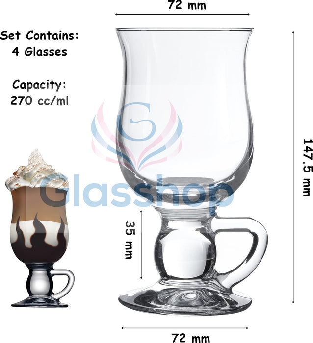 Irish Coffee Glasses. Glass Latte Tea Coffee Mug with Handle. (Set of 4) (270 cc/ml)