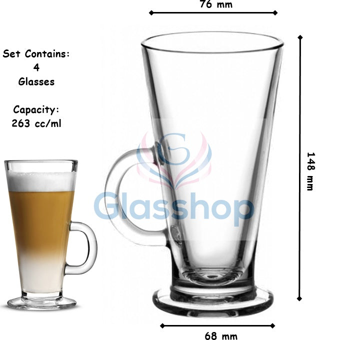 Latte Glasses. Tea Coffee Cups with Handle. Glass Mug. (Pack of 4) (263 ml)