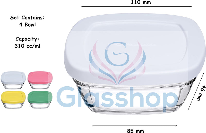 4 pcs Food Storage Container Set with Coloured Lid. Glass Small Bowl. (310 cc/ml)
