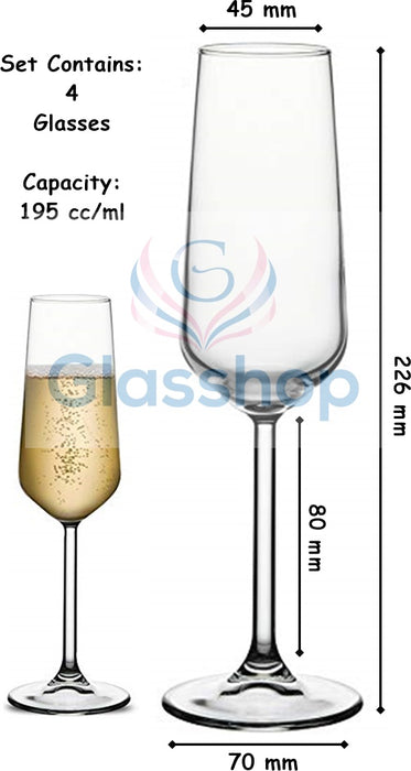 Champagne Glasses. Champagne Flute. Prosecco Glass Set. (Pack of 4) (195 cc/ml).