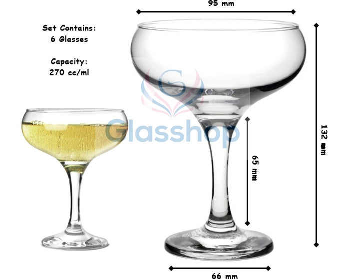 6pcs Martini Cocktail Glasses. Champagne Coupe Saucers. (270 ml).