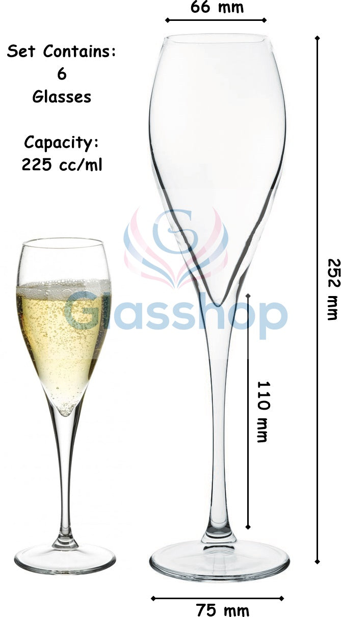 Champagne Flute Glasses Set. Long Stem Prosecco Flutes. (Pack of 6) (225 cc/ml)